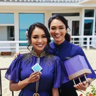 The image shows a woman standing next to a man on a beach, both of them smiling. The woman is wearing a purple shirt and black pants, and is holding a box in her hand. Behind them is a railing, and in the background there is an ocean and a clear blue sky.