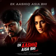 A cinematic action love film poster titled 'EK AASHIQ AISA BHI', featuring three main characters: a 27-year-old Indian man with a rugged, rebellious look, portraying a criminal, filled with emotion as he gazes at a beautiful woman of the same age