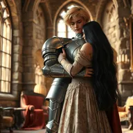 A full-body realistic image of a 22-year-old blonde medieval knight embracing an 18-year-old European princess with long black hair in the background of a stone castle room