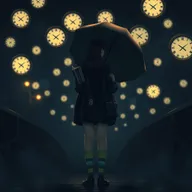 A melancholic dark scene illuminated by soft night lights, featuring several floating clocks scattered throughout