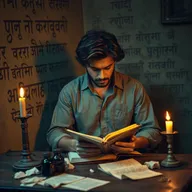 A passionate poet in a vintage, dimly lit room, deeply focused on writing in a large, leather-bound notebook