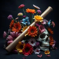 A captivating composition featuring a surreal arrangement of vibrant flowers in various colors, a baseball bat elegantly positioned, and a detailed skull, all set against a dark and moody background