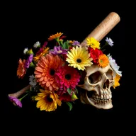 An artistic composition featuring a striking arrangement of vibrant flowers in various colors alongside a baseball bat and a detailed skull, all set against a pitch-black background