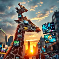 A media-themed giraffe, decorated with colorful soundwaves and television screens showcasing various media elements like film reels, newspapers, and social media icons