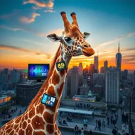 A media-themed giraffe, decorated with colorful soundwaves and television screens showcasing various media elements like film reels, newspapers, and social media icons