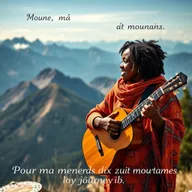A touching scene featuring a young Black son holding a guitar in front of majestic mountains