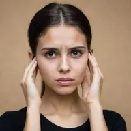 A foreign-looking girl, with a saddened expression, tugging on her ears firmly using her fingers, dressed in a black top.