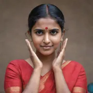 An endearing girl in a red saree, her hands cupping her ears, with an expression that is offering an apology.