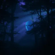 A mysterious twilight forest with ethereal lighting, dense trees casting long shadows, and a faint, surreal face emerging subtly among the branches