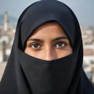 An empowered Muslim girl proudly wearing a burka. Her eyes, visible through the veil, emanate strength and determination. The background subtly suggests an everyday cityscape in a Muslim-majority country.