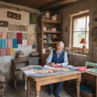 A skilled tailor working in a quaint, rustic village. His shop is filled with colorful fabrics and vintage sewing machines, and background shows picturesque cottages and serene natural scenery.