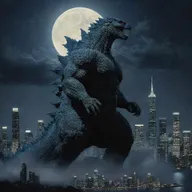 A detailed depiction of Godzilla, the iconic monstrous creature, towering over a cityscape, its scales shimmering in the moonlight.