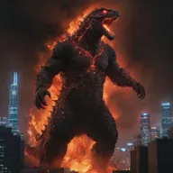 A vivid representation of Shin Godzilla in his fourth form, a nightmarish creature towering over a neon-lit cityscape, breathing atomic fire.