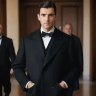 Handsome man with deep black eyes and a black formal coat, displaying a hint of Spanish heritage, making a grand entrance into a historical office, accompanied by elder businessmen.