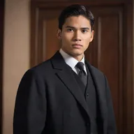 Enhance an animated image of a supremely handsome, youthful Filipino man with black eyes, wearing a black formal coat in the Spanish colonial era. He exudes charisma and confidence as he enters a historical office, accompanied by elder businessmen.