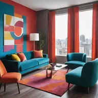 A vibrant and colourful depiction of a modern scene, emphasizing a balance between bold tones and contemporary design.