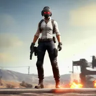 An intense PUBG character with glowing red eyes, standing in a victorious pose after defeating all competitors