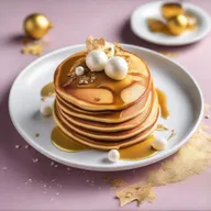 An exquisitely crafted pancake, garnished with luxurious toppings such as gold leaf and edible pearls, creating a priceless piece of culinary art