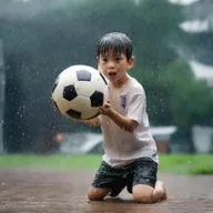 A young boy freestyling with a soccer ball under the pouring rain, water droplets splashing around