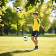 A young boy skillfully juggling a bright soccer ball in a sunny park