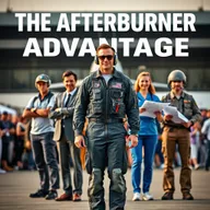 A confident fighter pilot in a flight suit stands proudly in front of a diverse group of 5 or 6 individuals, symbolizing various fields: an energetic athlete in sports attire, a corporate executive in a tailored suit, a tech innovator with smart gadgets, a healthcare professional in scrubs, and an engineer holding blueprints, each showcasing their unique attributes