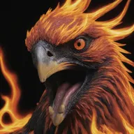 A vivid, close-up of the screaming face of an aggressive phoenix, entirely cloaked in flames, with emphasis on its beak. Tones of lava, black, red, and orange create a fiery palette.