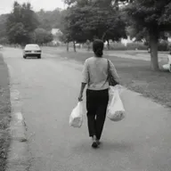A captured moment of a woman casually strolling her way back to her home, maybe she's has a bag of groceries in one hand.