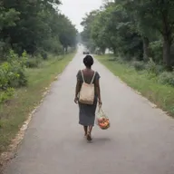 A captured moment of a woman casually strolling her way back to her home, maybe she's has a bag of groceries in one hand.