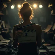 A realistic and moody depiction of a determined young woman filmmaker immersed in her creative process, focusing on the production of a revenge-themed movie