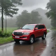 A red 2023 luxury V8 Land Cruiser on a deserted village road amidst lush greenery, displayed from the front with a partial side view. Render the image in a cartoon or clipart style, under overcast, rain-laden clouds, optimized for a laptop desktop background.