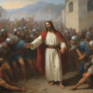 A historically accurate painting-like depiction of a scene with Jesus crying near Roman troops