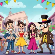 A colorful cartoon-style illustration of a themed family festival in Rome, Italy, infused with elements of mystery, comedy, and crime