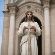 A peaceful and respectful portrayal of Lord Jesus with a cross, in front of an ornate, historical church