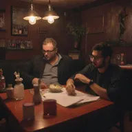 A bustling hookah lounge with a mysterious man, wearing glasses, engrossed in his work despite his injured body.