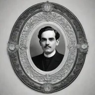 Lineart of Federico Garcia Lorca in a detailed, ornate Victorian oval frame, with his birth and death dates displayed on a banner draped across the frame. The artwork should be in a traceable line art style.