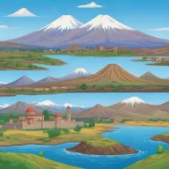 A cartoon game background featuring beautiful landscapes of Armenia. Include iconic landmarks like Mount Ararat, Khor Virap, and the picturesque Sevan Lake.