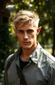 A late 20s man with distinctive pointed ears, exuding an aura of mystique
