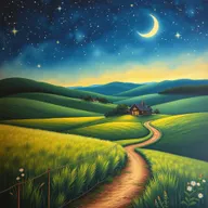 A captivating country landscape painting featuring a serene scene beneath a starry sky