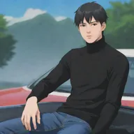 Multiple illustrations of the third anime style male character with short black hair and visible abs through his turtleneck shirt, sitting on top of a car.