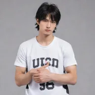 Anime style male character with a short mullet hairstyle, wearing a half-sleeved basketball t-shirt, visibly wiping sweat with his shirt, revealing his abs.