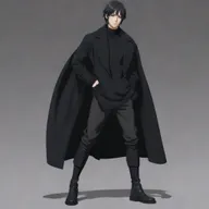 Full body image of a stylish anime boy with a short mullet hairstyle, wearing a black long coat, black sweater, and long boots. This is a Japanese-style animation character.