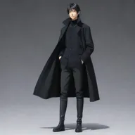 Full body image of a stylish anime boy with a short mullet hairstyle, wearing a black long coat, black sweater, and long boots. This is a Japanese-style animation character.