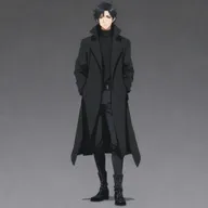 Full body image of a significantly masculine anime boy with a short mullet hairstyle, wearing a black long coat, black sweater, and long boots. Japanese animation style.