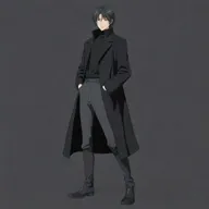 Full body image of a significantly masculine anime boy with a short mullet hairstyle, wearing a black long coat, black sweater, and long boots. Japanese animation style.