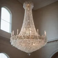 An elegant, crystal chandelier sparkling with light in a grand, high ceiling room.