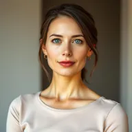 A 35-year-old woman with fair skin and minimal makeup, depicted from the waist up