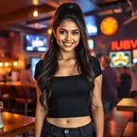 A beautiful Indian woman with long hair styled in a ponytail, displaying a radiant smile and captivating eyes