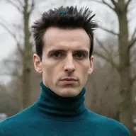 A man with peacock-like features wearing a turtleneck
