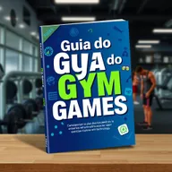 A vibrant and modern eBook cover for a guide titled 'Guia do Gym Games', designed to exude energy, motivation, and focus on the fitness universe