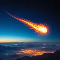 A striking depiction of a meteorite or comet entering Earth's atmosphere, illuminated by fiery tails as it streaks across the sky